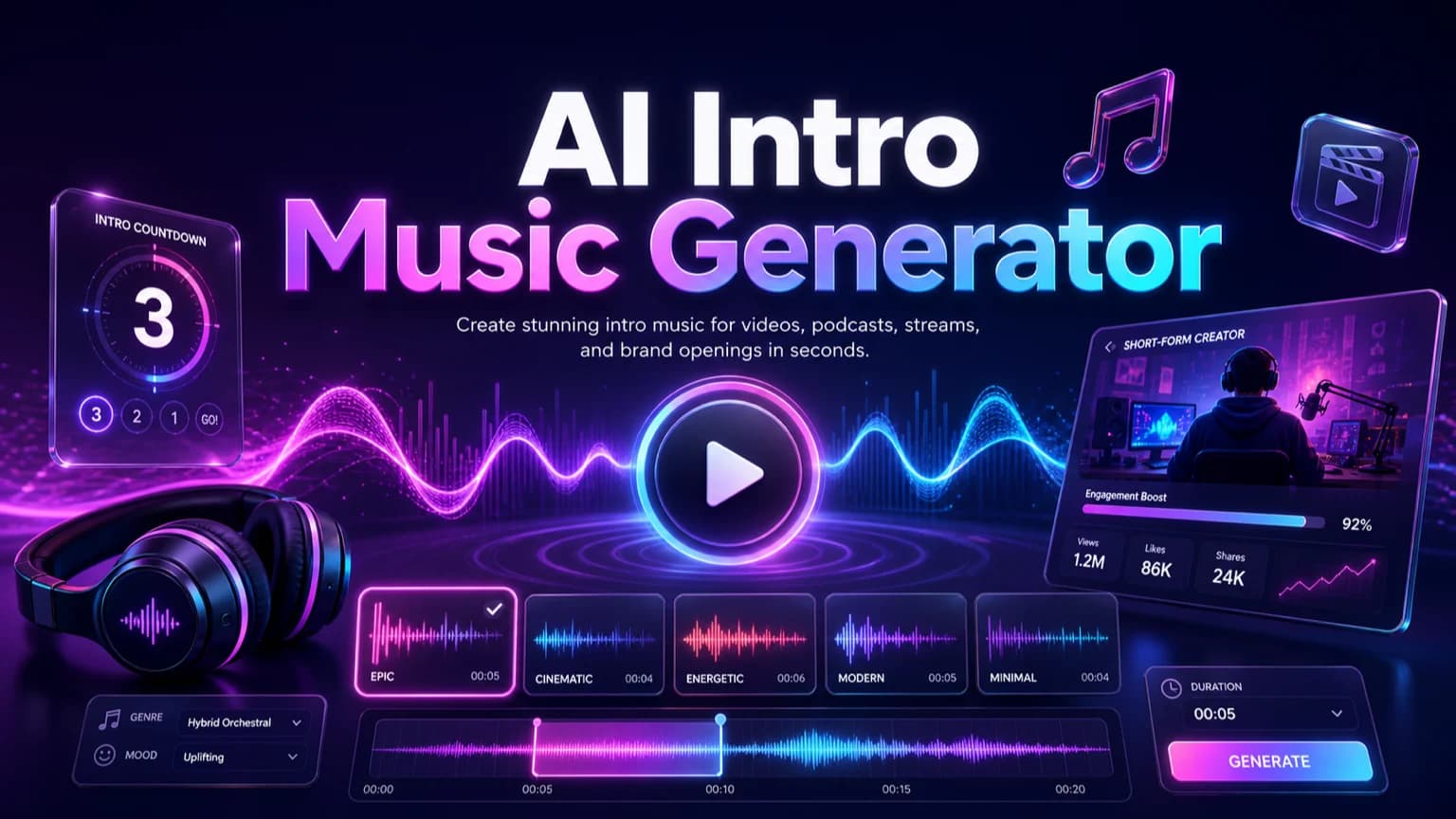 AI intro music generator cover with neon timeline, play button, waveform, and creator opener cards