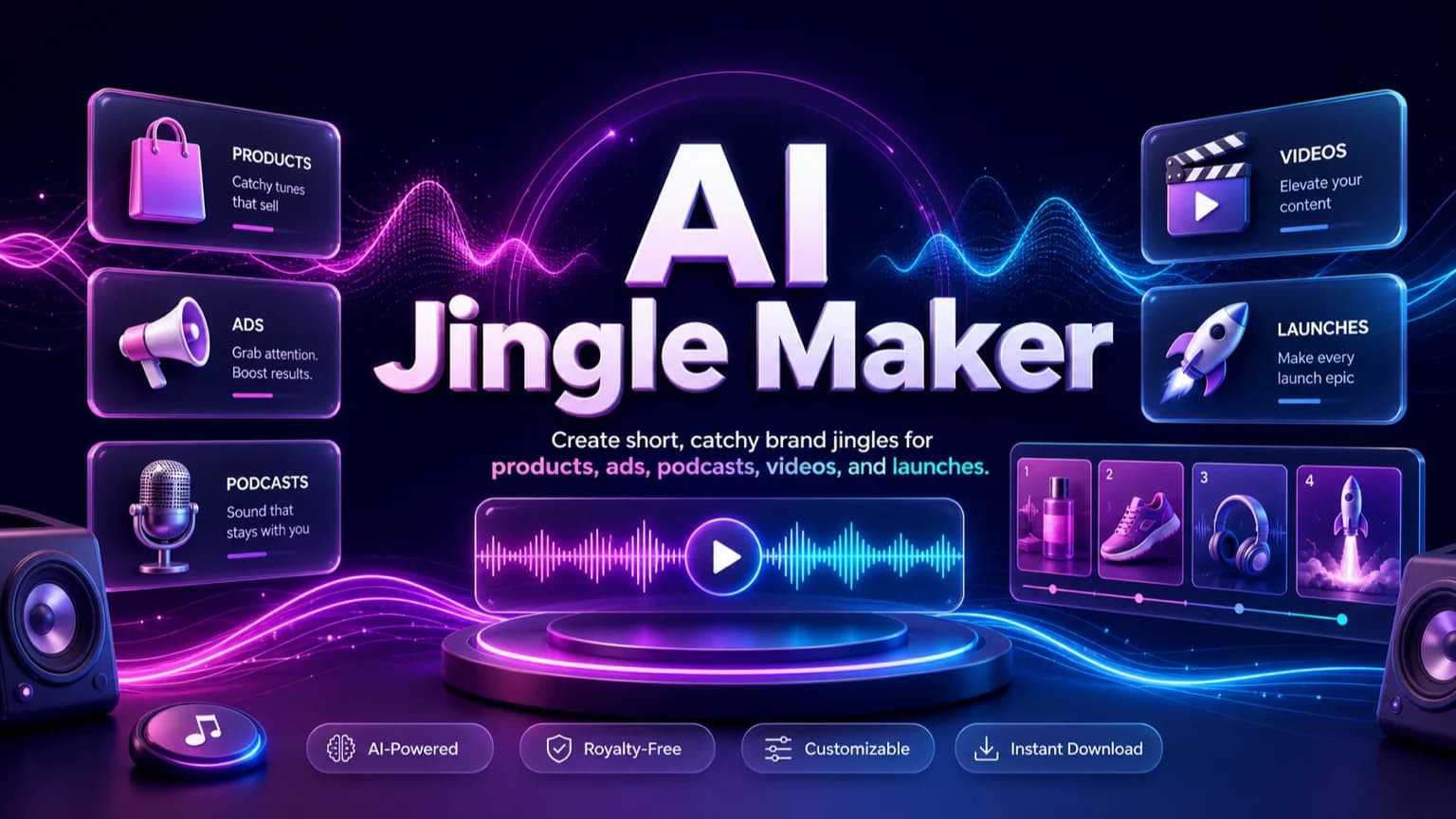 AI jingle maker cover with neon brand cards, speaker icons, waveform hooks, and short ad music panels