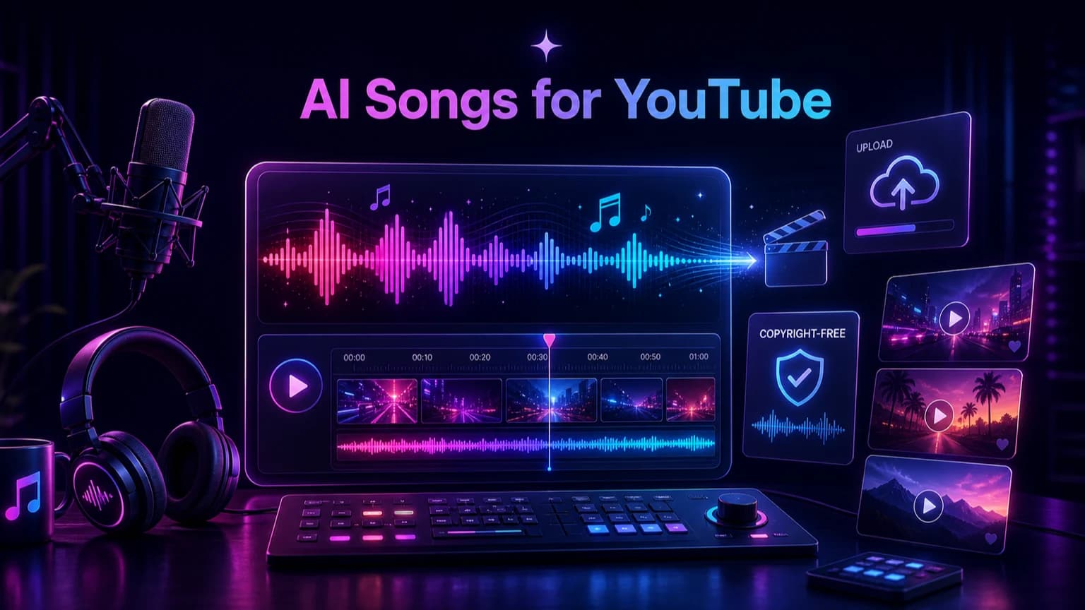 AI songs for YouTube video workflow with neon waveform, timeline, microphone, and upload cards