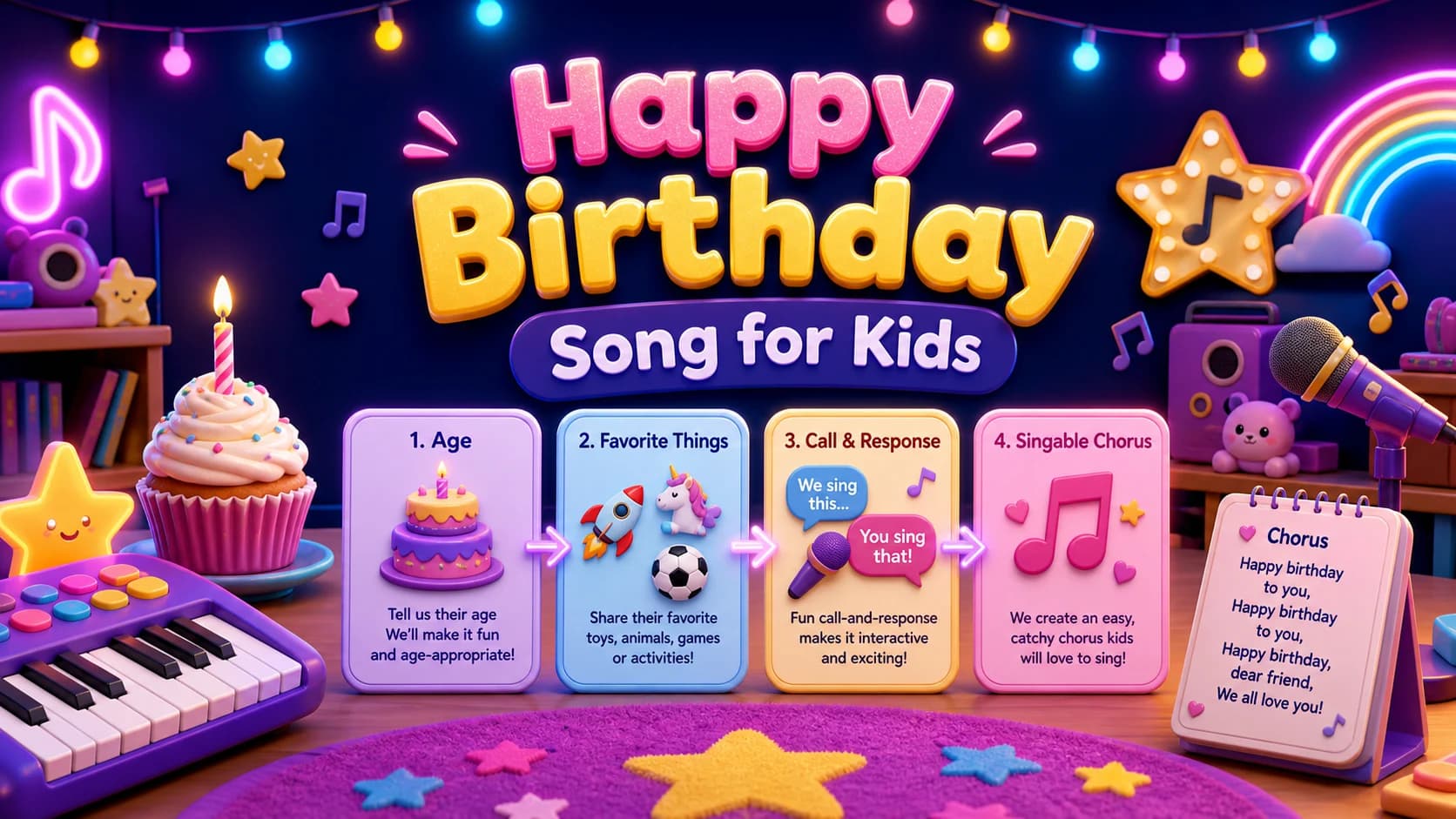 Happy birthday song for kids with toy keyboard, cupcakes, party lights, lyric cards, and playful waveform