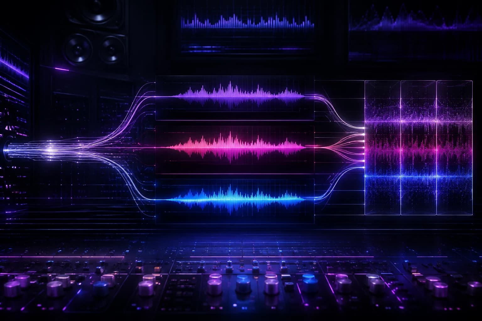 Drei parallele KI-Musikwellenformen in einem kontrollierten Benchmark-Studio