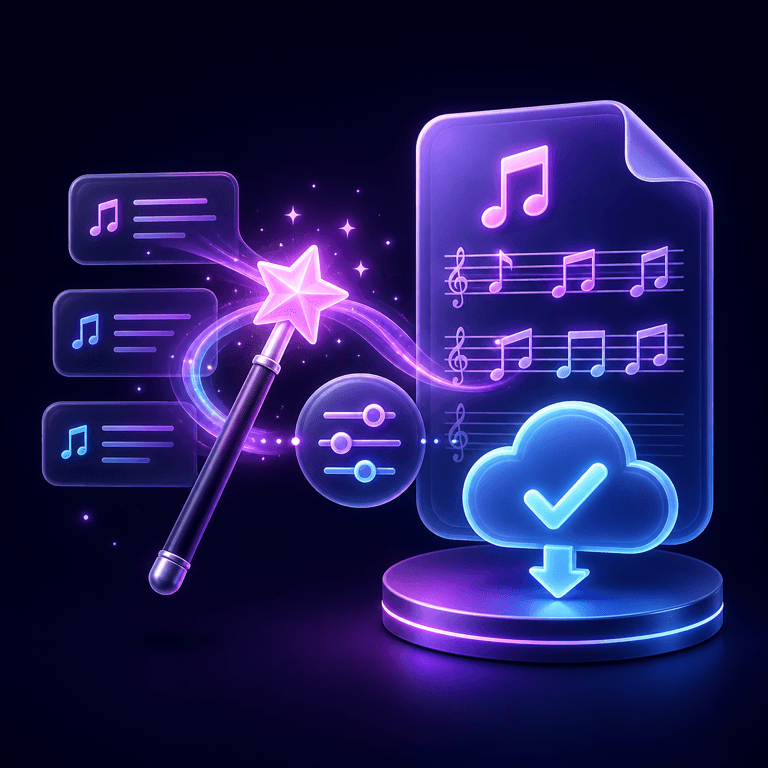 A magic wand turns lyric lines into a finished song sheet with a secure export symbol.