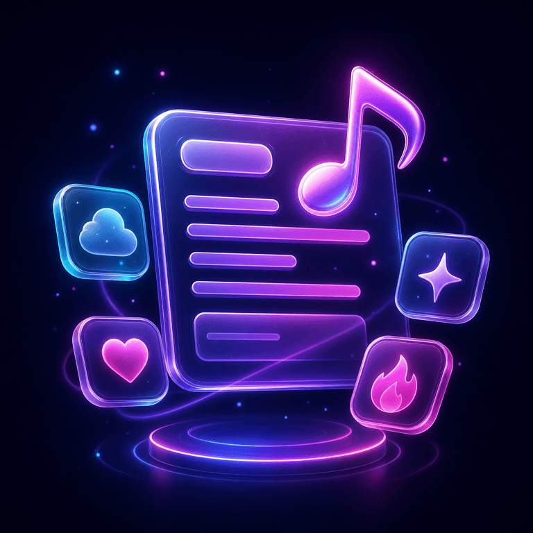 A glowing prompt card with music style chips for entering a song topic and style.