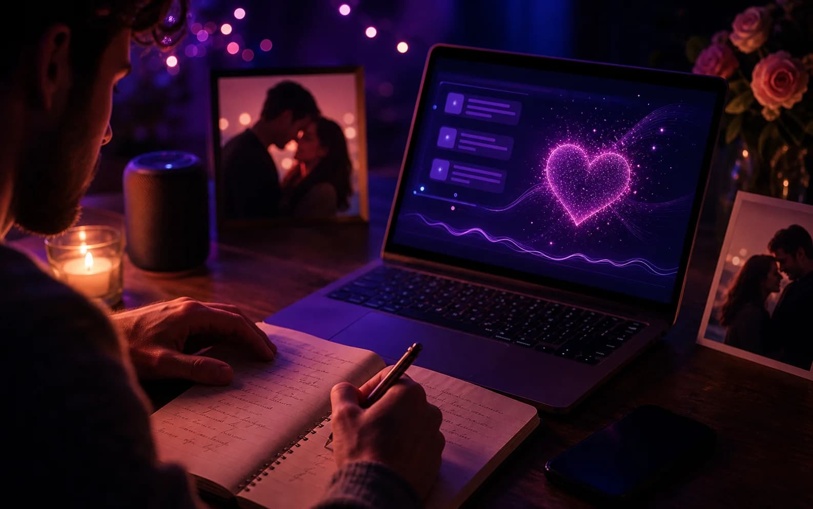 A romantic desk scene for writing a heartfelt love song with AI support.