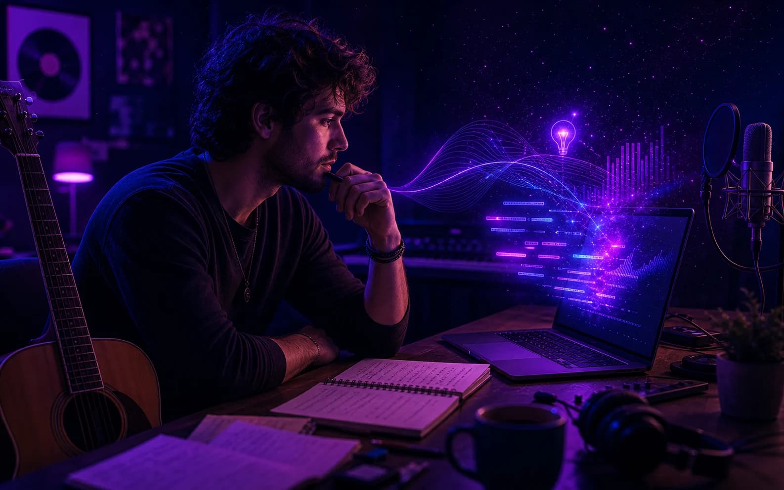 A musician looks at a guitar while an AI lyric tool generates ideas on a laptop.