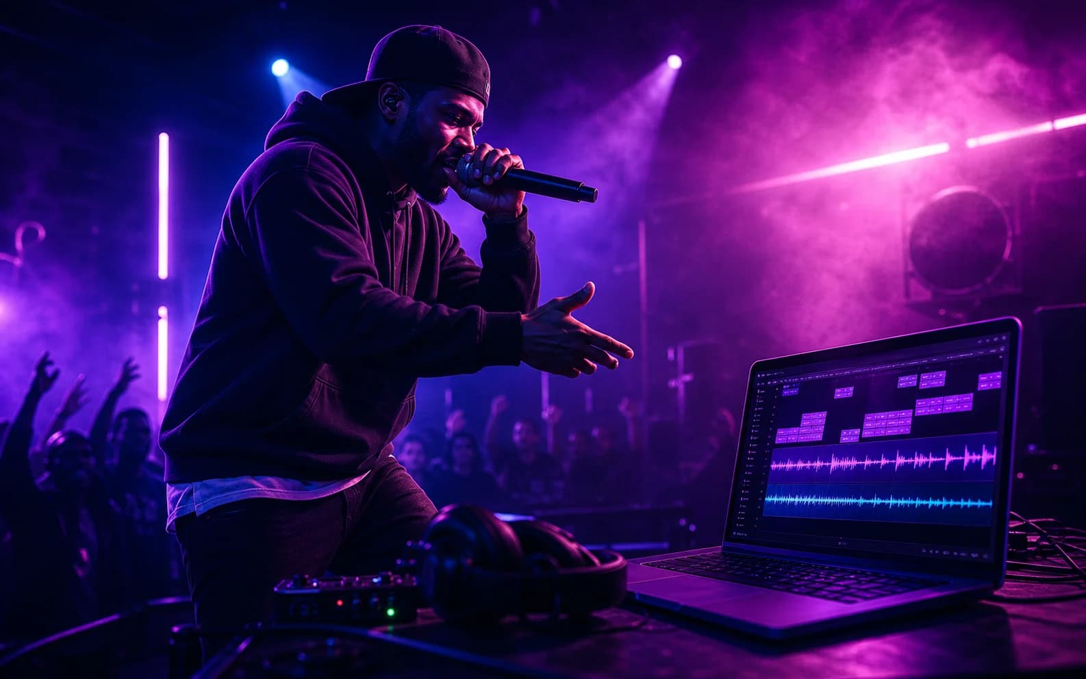 A rapper performs passionately on a neon stage with AI rap lyrics nearby.