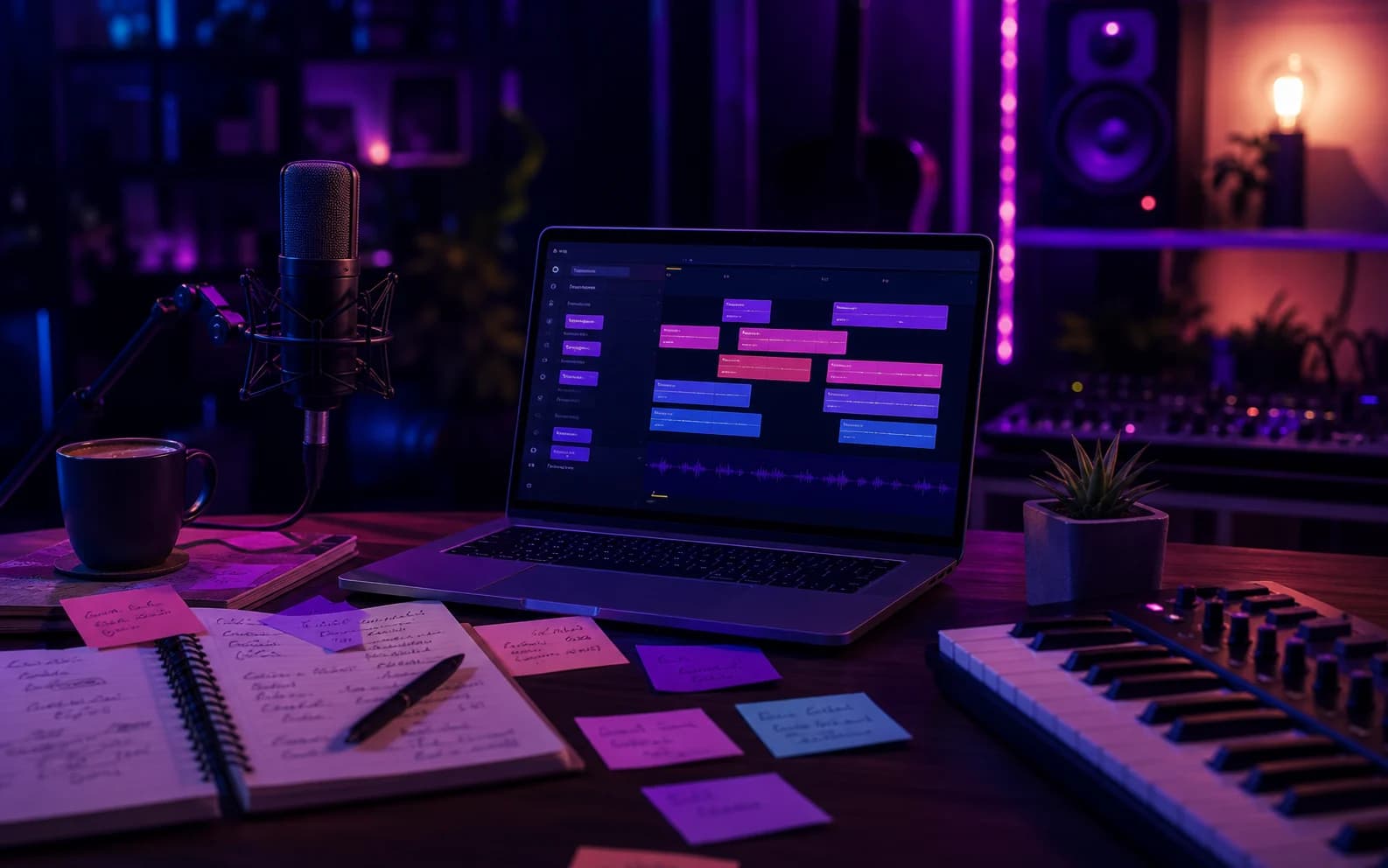 A songwriter organizes scattered notes into a song structure on a laptop.