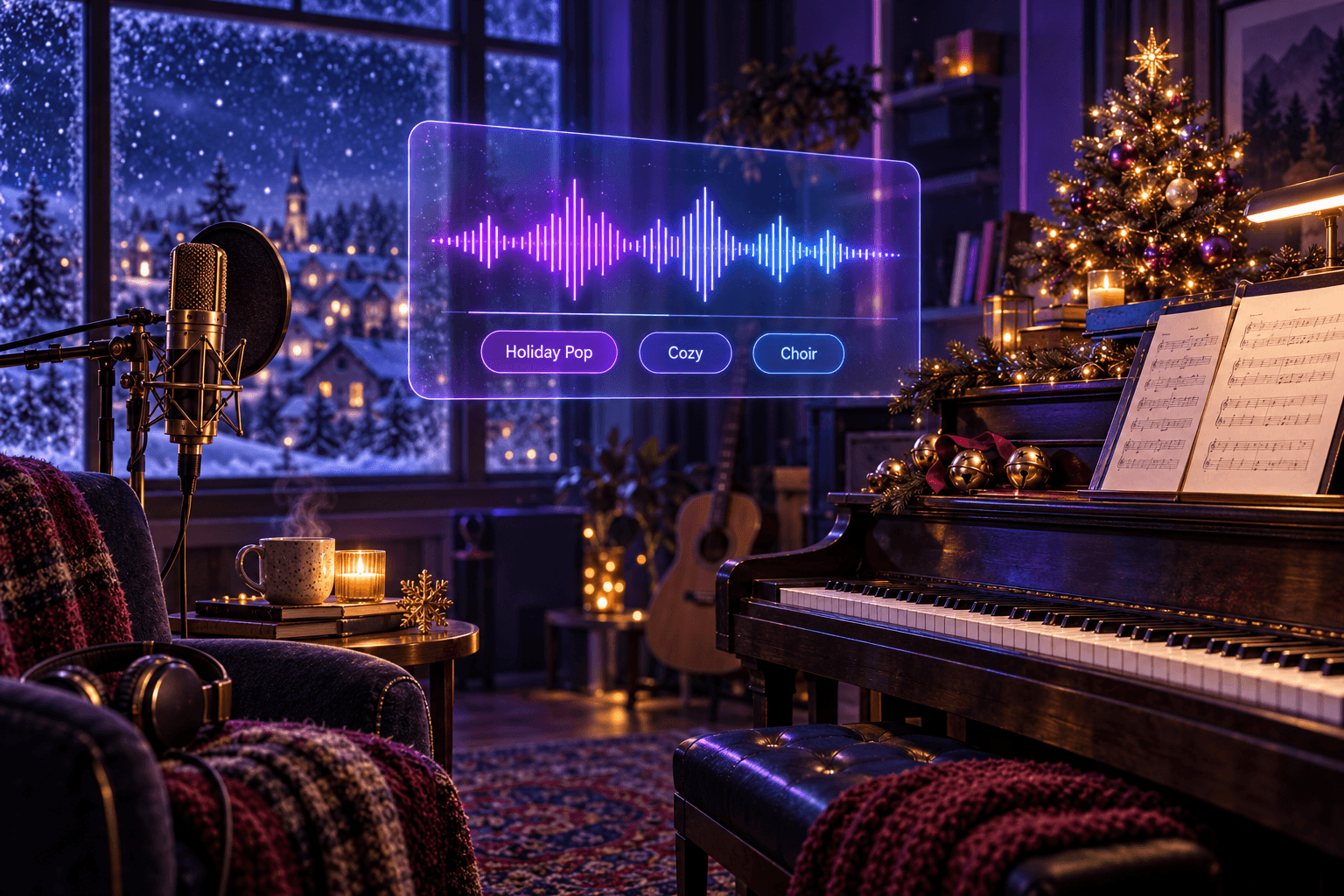 Christmas song generator in a cozy night studio with a vintage microphone, upright piano, sleigh bells, a glowing Christmas tree, falling snow, and a holiday waveform panel