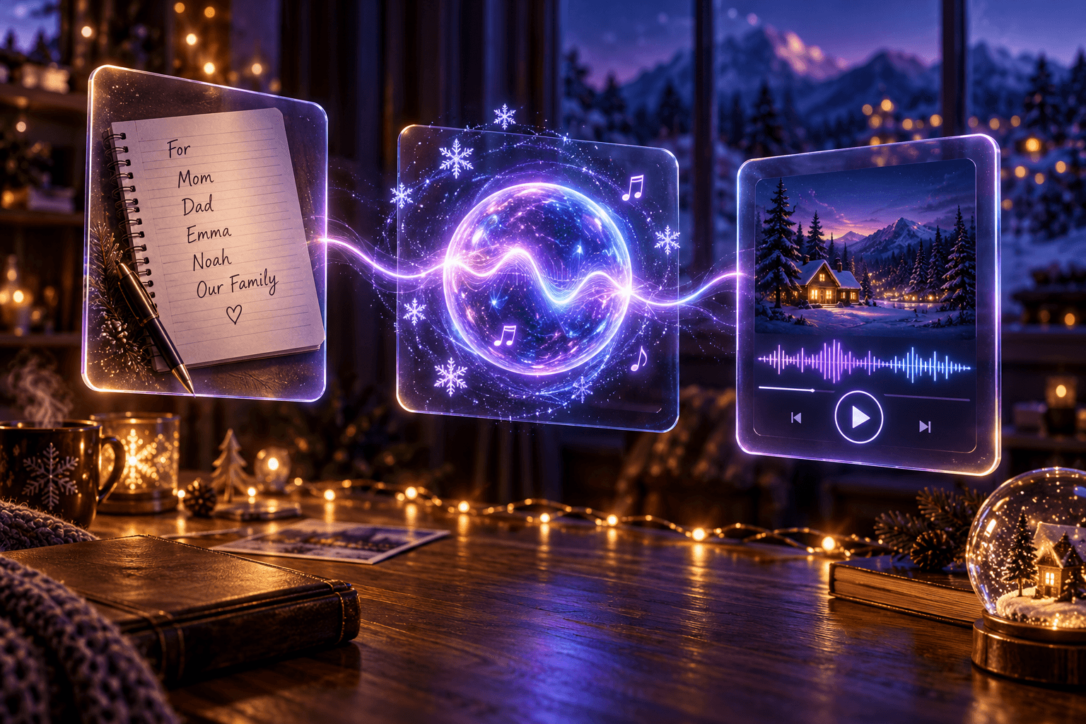 Three-step Christmas song workflow from a lyric notebook with family names to a glowing AI orb and a finished track card