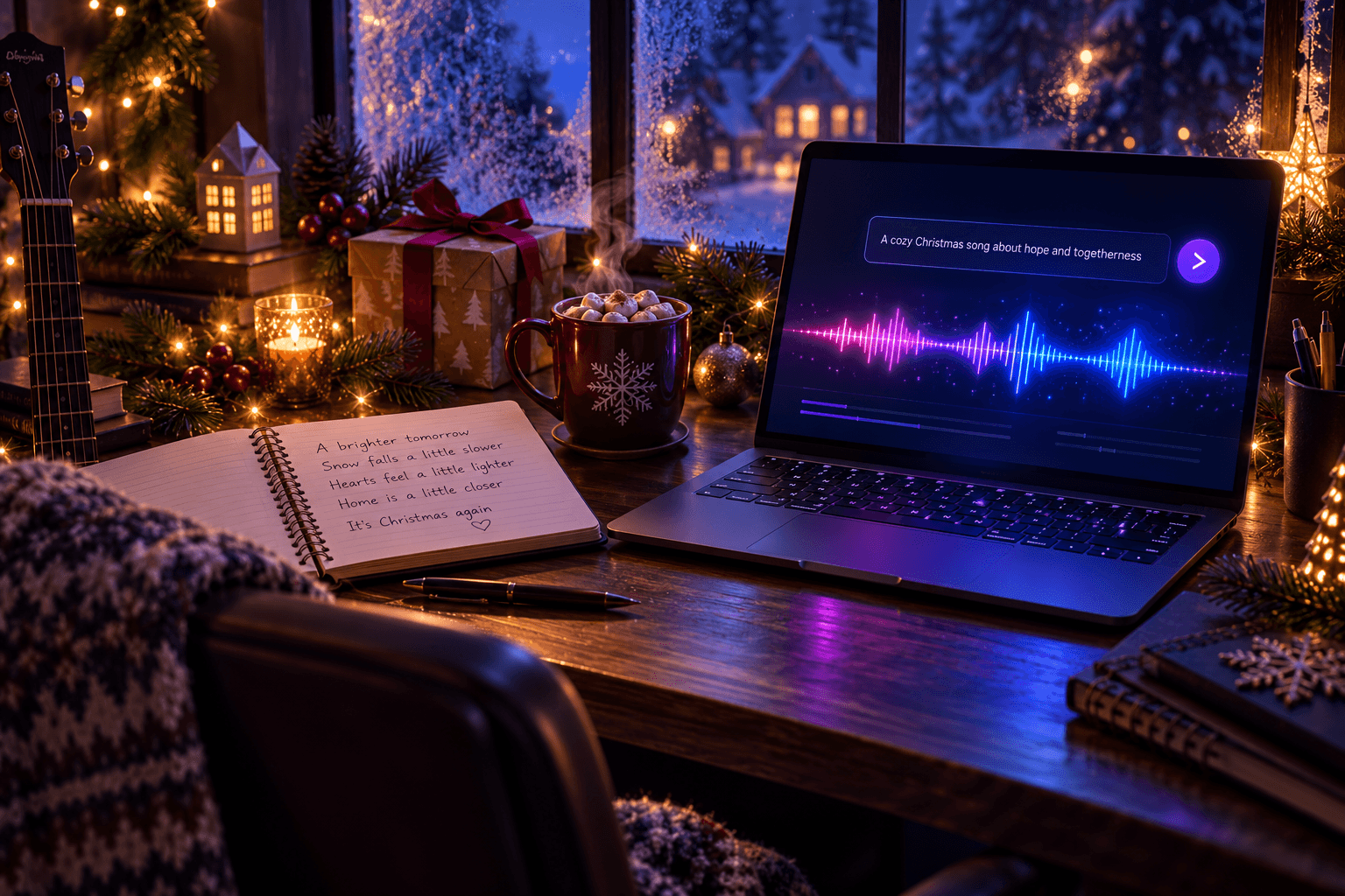 Christmas songwriting desk with a handwritten lyric notebook, hot cocoa, a wrapped gift, pine branches, fairy lights, and a laptop showing a music prompt