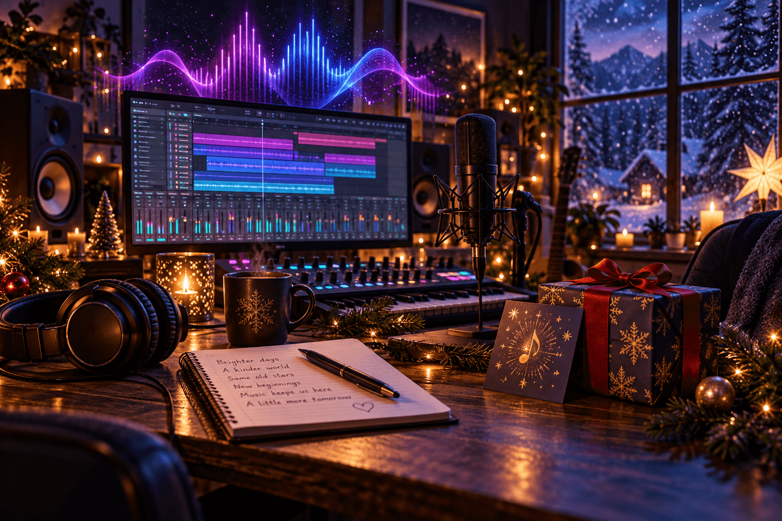 Christmas music production desk with a lyric notebook, headphones, a vocal microphone, a mixer, a gift card, and a wrapped present