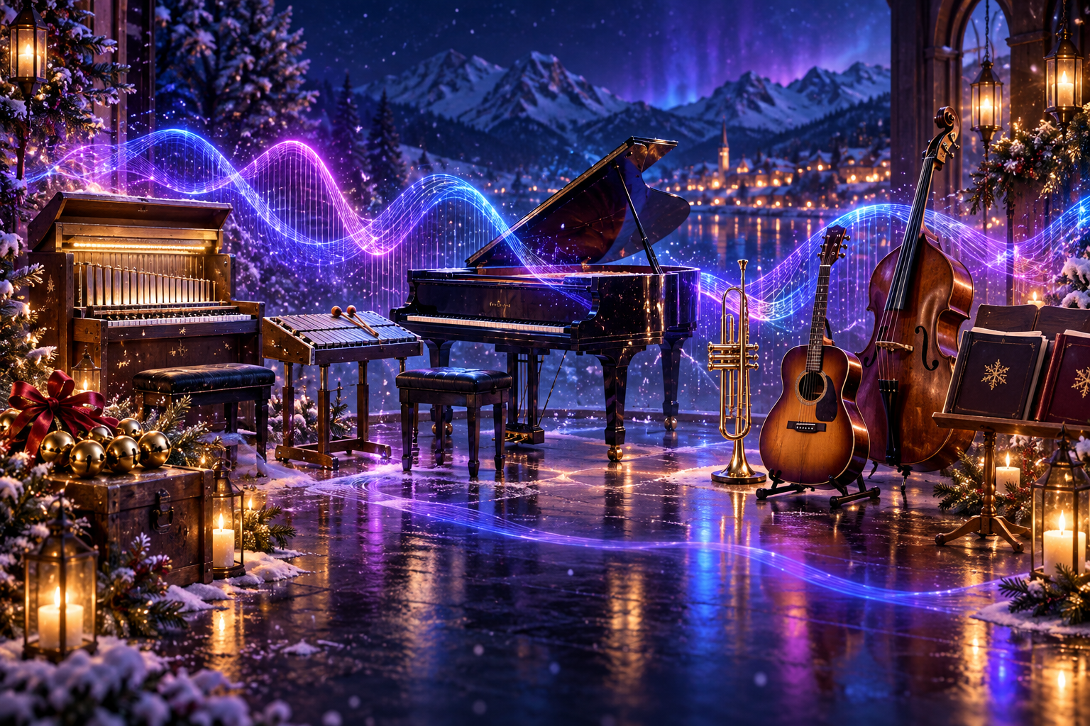 Holiday instruments under neon light including sleigh bells, celesta, glockenspiel, piano, trumpet, acoustic guitar, upright bass, and choir songbooks