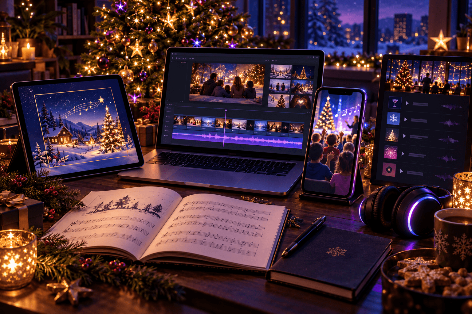 Festive creator workspace with a digital greeting card, a family video timeline, a kids singalong video, a choir songbook, and an office party playlist around a Christmas tree