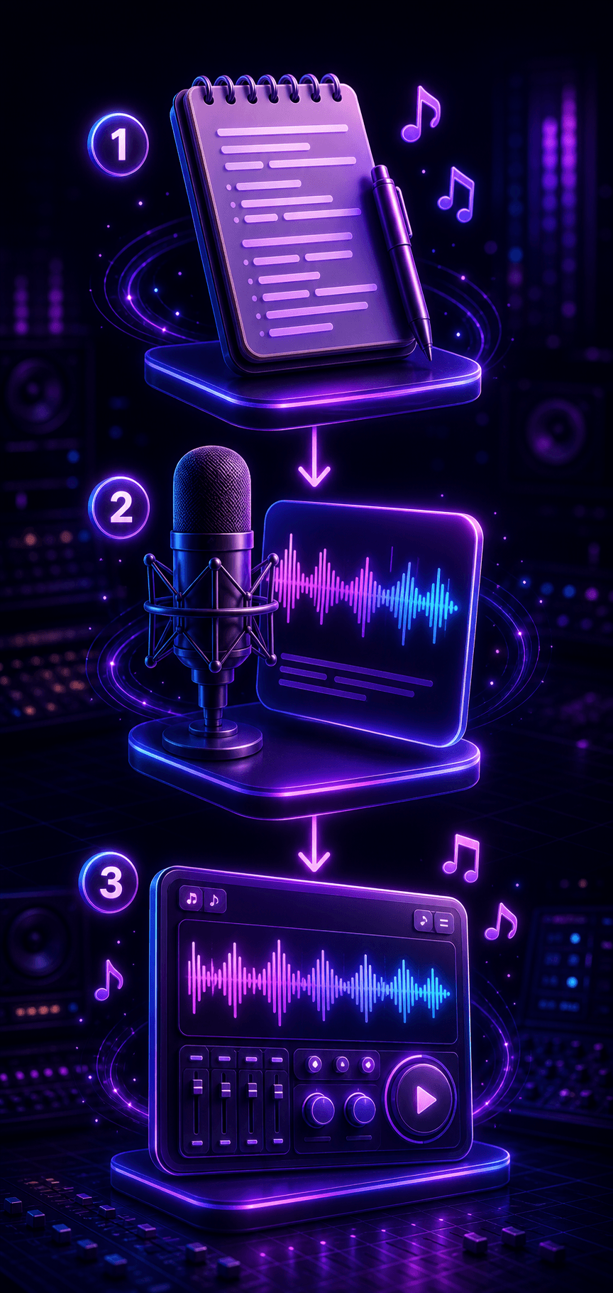 Three step AI lyrics to song workflow with lyrics vocals and final mix