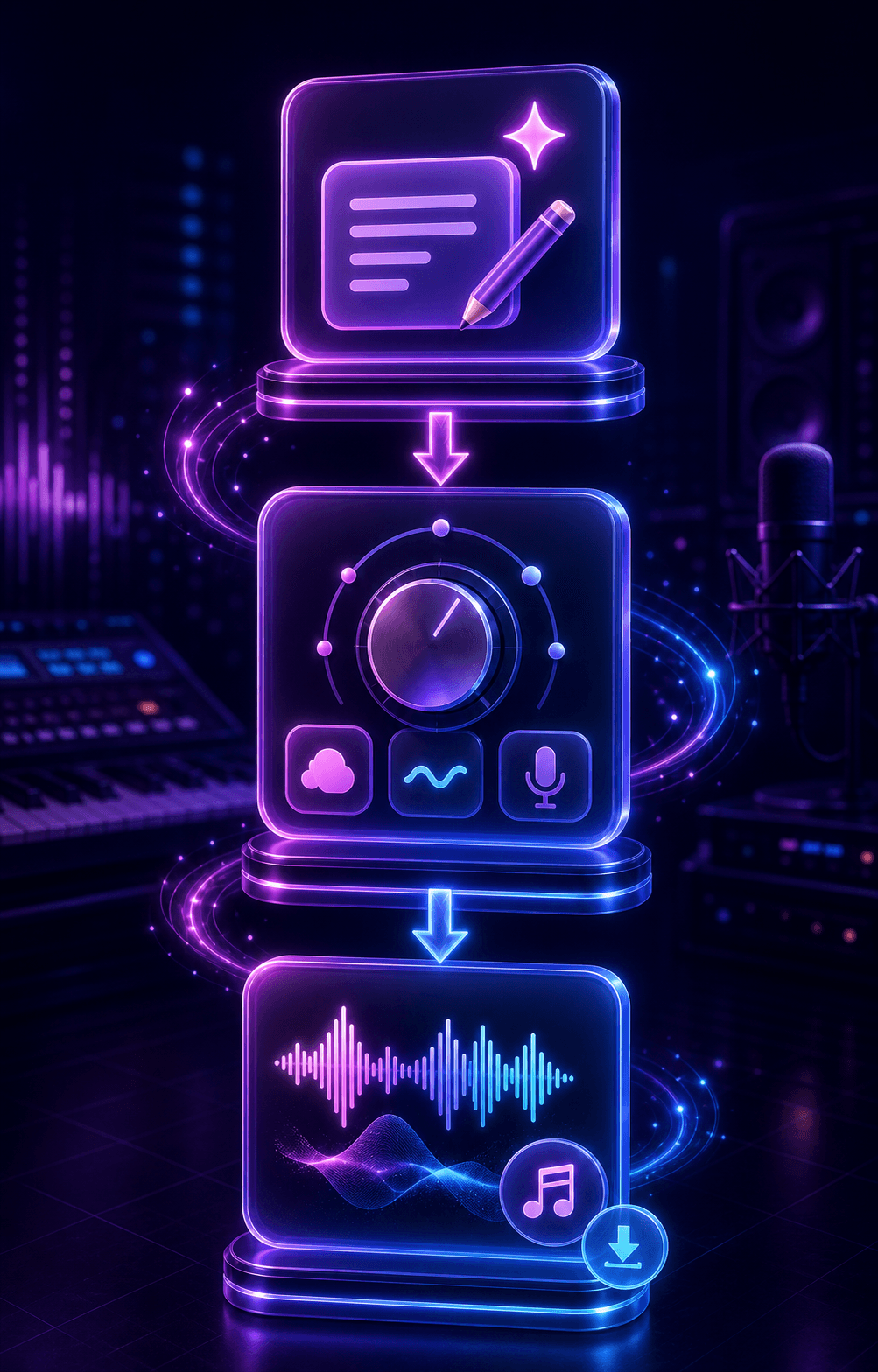 Three step AI text to song workflow with prompt style and generated audio